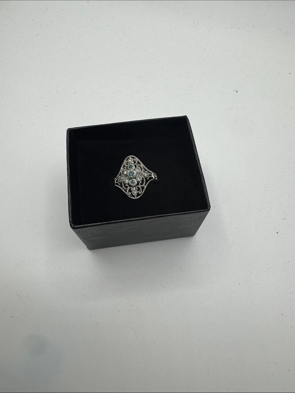 Filigree Silver-Tone Statement Ring with Blue Stones